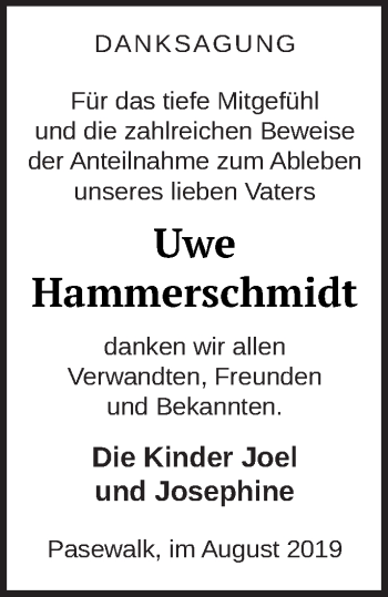 Traueranzeige von Uwe Hammerschmidt von Pasewalker Zeitung