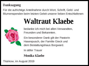 Traueranzeige von Waltraut Klaebe von Mecklenburger Schweiz