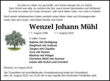 Traueranzeige von Wenzel Johann Mühl von Müritz-Zeitung