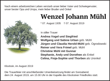 Traueranzeige von Wenzel Johann Mühl von Müritz-Zeitung