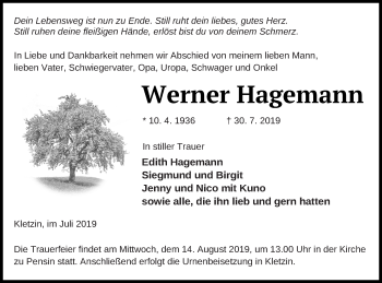 Traueranzeige von Werner Hagemann von Demminer Zeitung