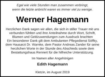 Traueranzeige von Werner Hagemann von Demminer Zeitung