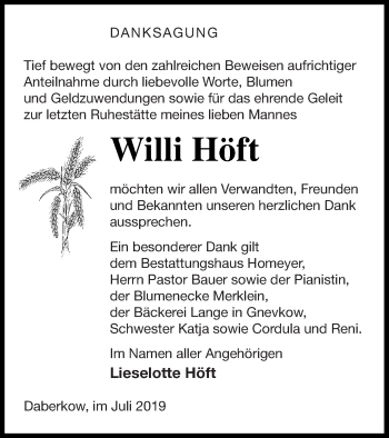 Traueranzeige von Willi Höft von Vorpommern Kurier