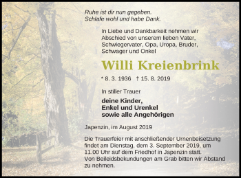 Traueranzeige von Willi  Kreienbrink von Vorpommern Kurier