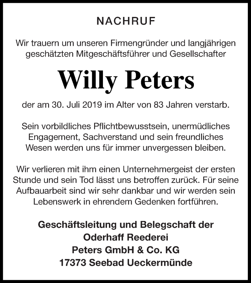  Traueranzeige für Willy Peters vom 17.08.2019 aus Haff-Zeitung