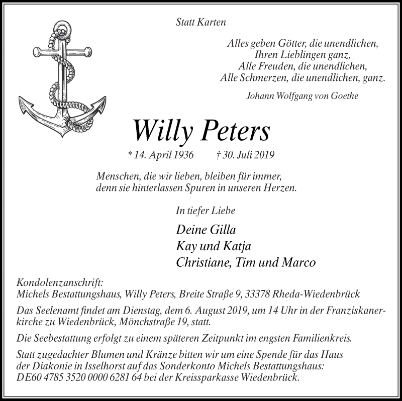  Traueranzeige für Willy Peters vom 03.08.2019 aus Haff-Zeitung