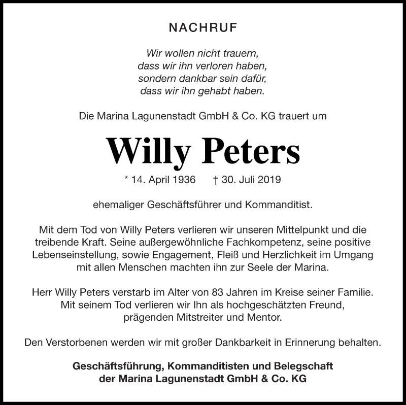  Traueranzeige für Willy Peters vom 10.08.2019 aus Haff-Zeitung