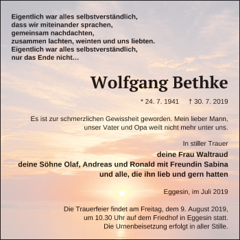 Traueranzeige von Wolfgang Bethke von Haff-Zeitung