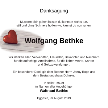 Traueranzeige von Wolfgang Bethke von Haff-Zeitung