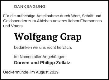Traueranzeige von Wolfgang Grap von Haff-Zeitung