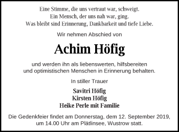 Traueranzeige von Achim Höfig von Strelitzer Zeitung