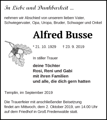 Traueranzeige von Alfred Busse von Templiner Zeitung