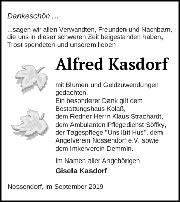 Traueranzeige von Alfred Kasdorf von Demminer Zeitung