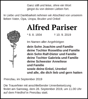 Traueranzeige von Alfred Pariser von Prenzlauer Zeitung