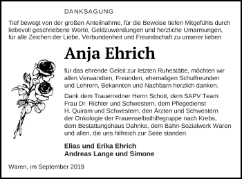 Traueranzeige von Anja Ehrich von Müritz-Zeitung