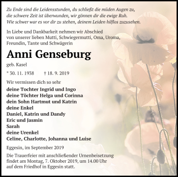 Traueranzeige von Anni Genseburg von Haff-Zeitung