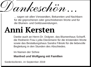 Traueranzeige von Anni Kersten von Neubrandenburger Zeitung