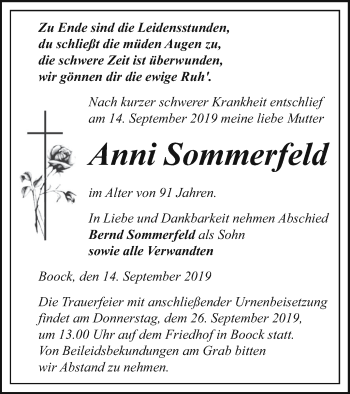 Traueranzeige von Anni Sommerfeld von Pasewalker Zeitung