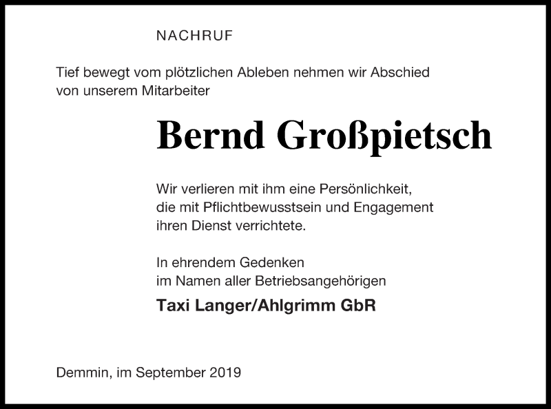  Traueranzeige für Bernd Großpietsch vom 27.09.2019 aus Demminer Zeitung