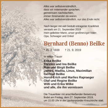 Traueranzeige von Bernhard Beilke von Haff-Zeitung