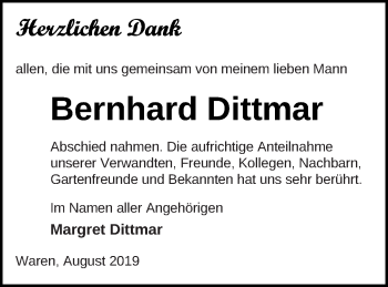 Traueranzeige von Bernhard Dittmar von Müritz-Zeitung