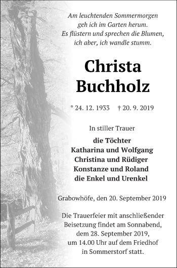 Traueranzeige von Christa Buchholz von Müritz-Zeitung