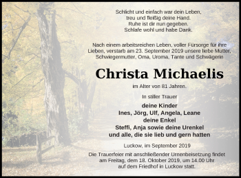 Traueranzeige von Christa Michaelis von Haff-Zeitung