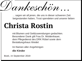 Traueranzeige von Christa Rostin von Müritz-Zeitung