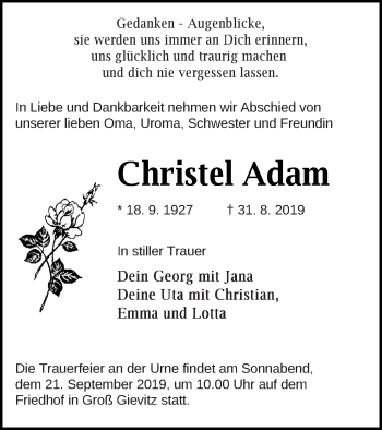 Traueranzeige von Christel Adam von Müritz-Zeitung