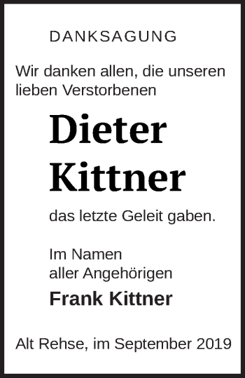 Traueranzeige von Dieter Kittner von Müritz-Zeitung