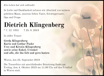 Traueranzeige von Dietrich Klingenberg von Müritz-Zeitung