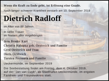 Traueranzeige von Dietrich Radloff von Haff-Zeitung