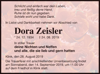 Traueranzeige von Dora Zeisler von Müritz-Zeitung