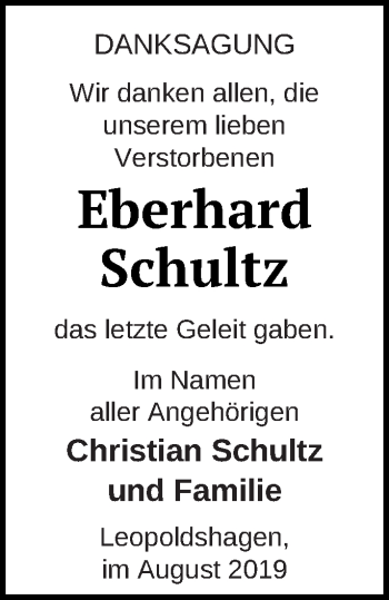 Traueranzeige von Eberhard Schultz von Haff-Zeitung