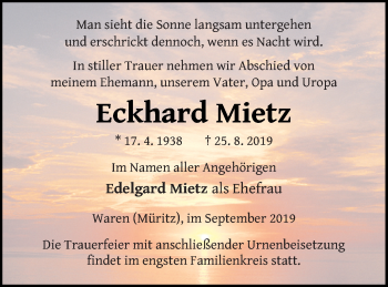 Traueranzeige von Eckhard Mietz von Müritz-Zeitung