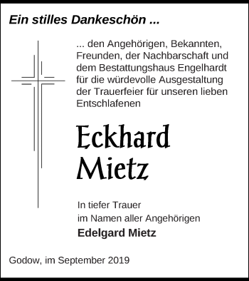 Traueranzeige von Eckhard Mietz von Müritz-Zeitung