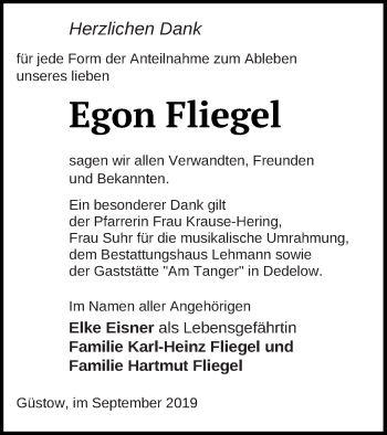 Traueranzeige von Egon Fliegel von Prenzlauer Zeitung