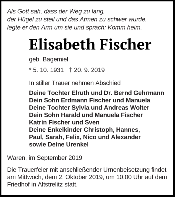 Traueranzeige von Elisabeth Fischer von Müritz-Zeitung