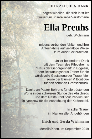 Traueranzeige von Ella Preuhs von Vorpommern Kurier