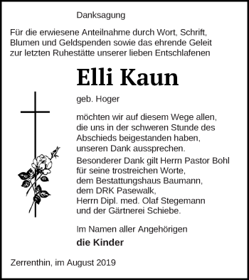 Traueranzeige von Elli Kaun von Pasewalker Zeitung