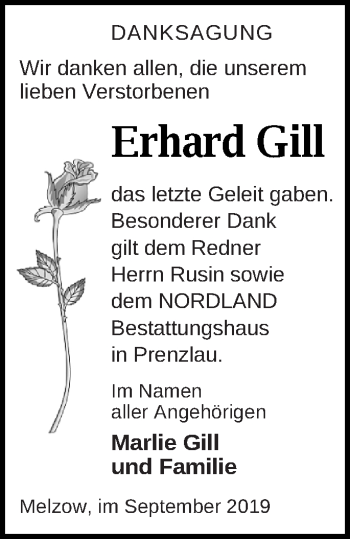 Traueranzeige von Erhard Gill von Prenzlauer Zeitung