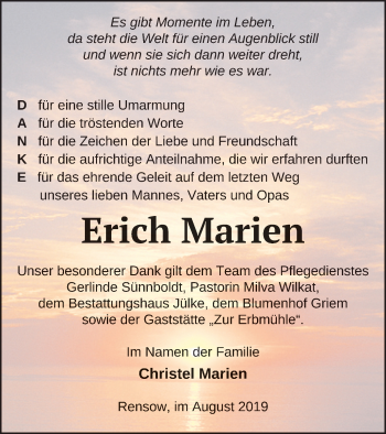 Traueranzeige von Erich Marien von Mecklenburger Schweiz