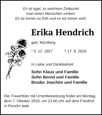 Traueranzeige von Erika Hendrich von Müritz-Zeitung