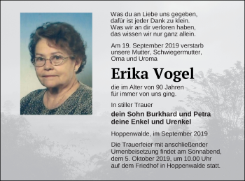 Traueranzeige von Erika Vogel von Haff-Zeitung