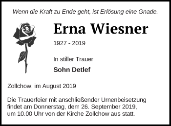 Traueranzeige von Erna Wiesner von Prenzlauer Zeitung