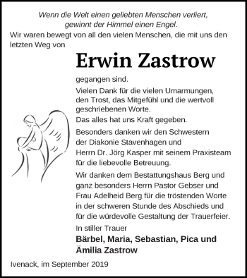 Traueranzeige von Erwin Zastrow von Mecklenburger Schweiz