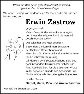 Traueranzeige von Erwin Zastrow von Mecklenburger Schweiz