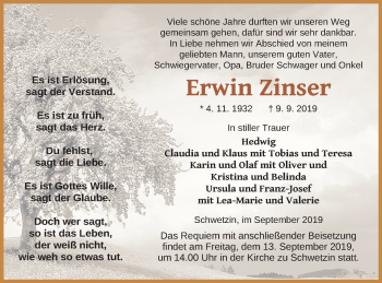 Traueranzeige von Erwin Zinser von Mecklenburger Schweiz