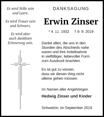 Traueranzeige von Erwin Zinser von Mecklenburger Schweiz