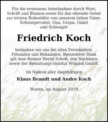 Traueranzeige von Friedrich Koch von Müritz-Zeitung